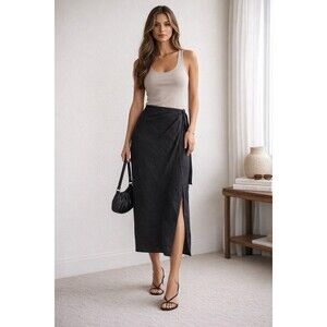 MODA INTL Black Silk Wrap Skirt Womens Midi Y2K 90s Vintage Minimalist Office M
